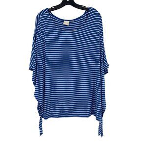 Chicos 3 Blue White Striped Dolman Sleeve Top  Side Ties Womens Size XL